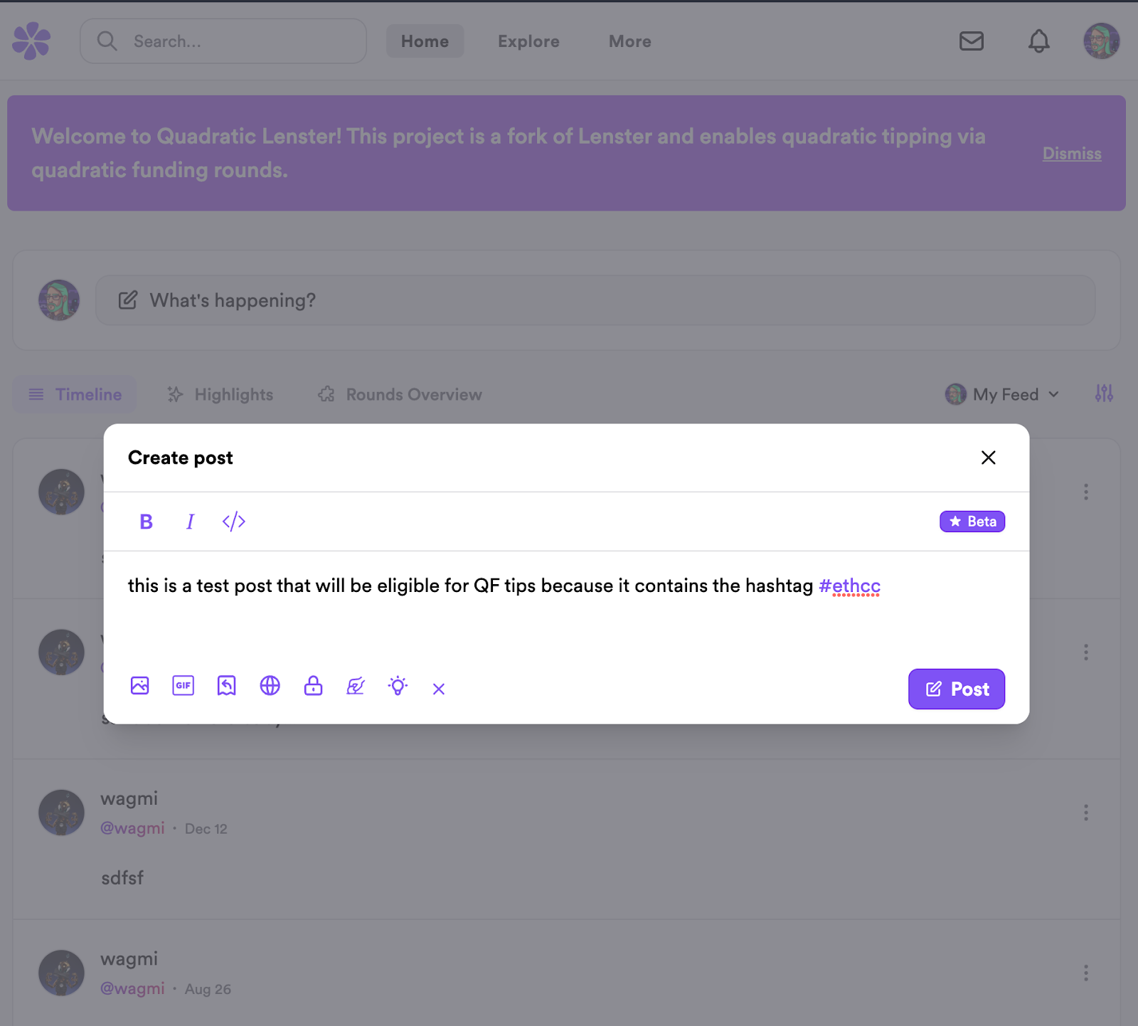 Creating a post on QuadraticLenster